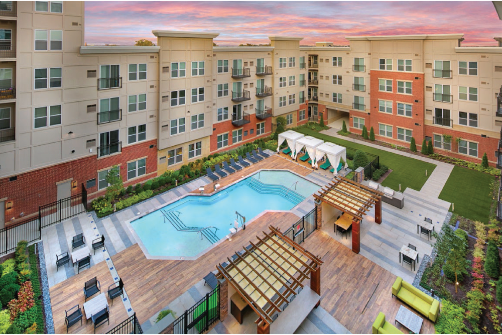 Overview of the exterior resort style swimming pool area at Summerfield at Morgan Metro in Landover, Maryland