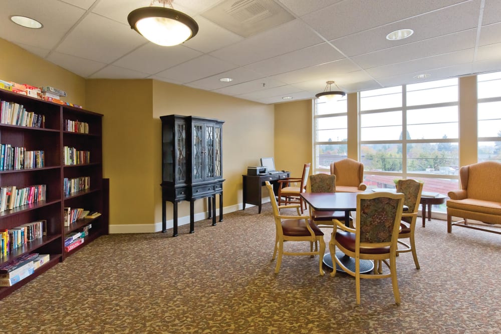 The library at Sellwood Senior Living in Portland, Oregon. 