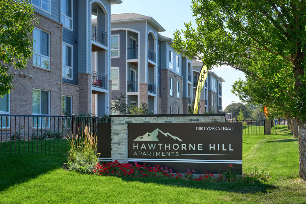 Monument Sign at Hawthorne Hill Apartments in Thornton, Colorado