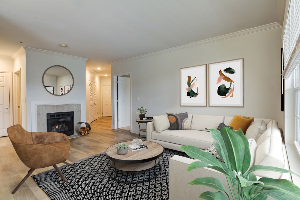 Furnished living room of unit at Sofi at Salem Station in Salem, MA