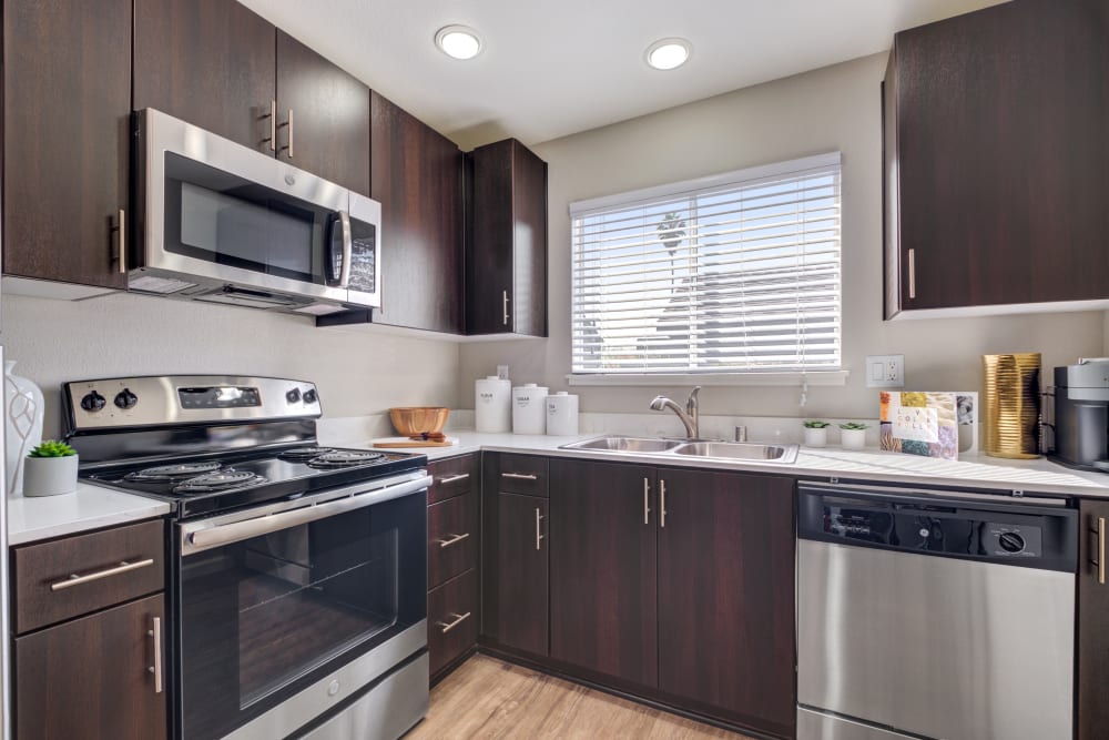 Spacious kitchen with stainless steel appliances at Sofi Waterford Park in San Jose, California