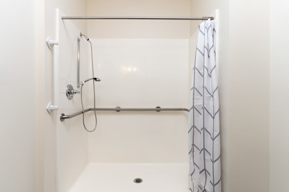 Accessible shower at King's Manor Senior Living Community in Tacoma, WA