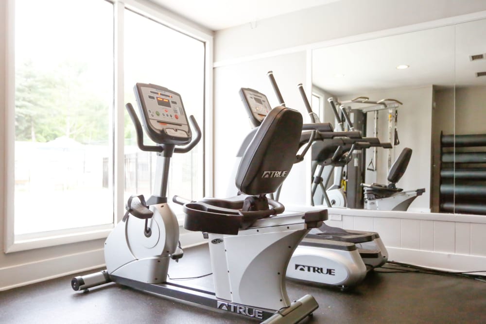 Well-equipped fitness center at The Flats at Arrowood in Charlotte, North Carolina