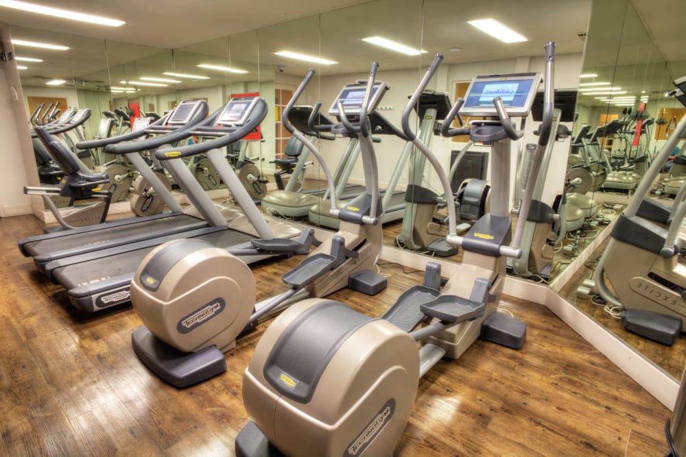 Well-equipped fitness center with ample cardio equipment at Sunset Barrington Gardens in Los Angeles, California