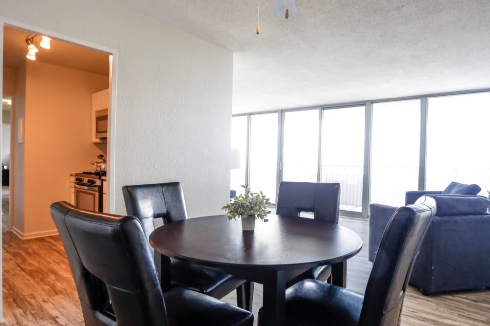 Dining area next to the kitchen and living room at Hague Towers in Norfolk, Virginia