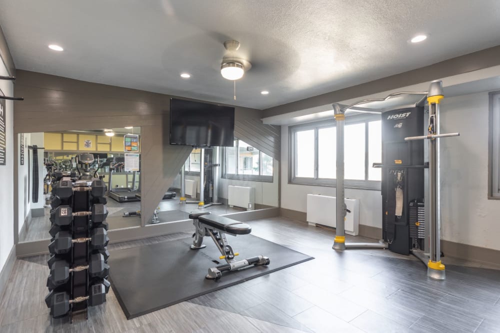 Well-equipped onsite fitness center at Pembroke Towers in Norfolk, Virginia