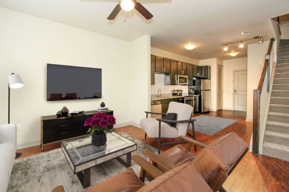 Model living room at 401 Oberlin in Raleigh, North Carolina