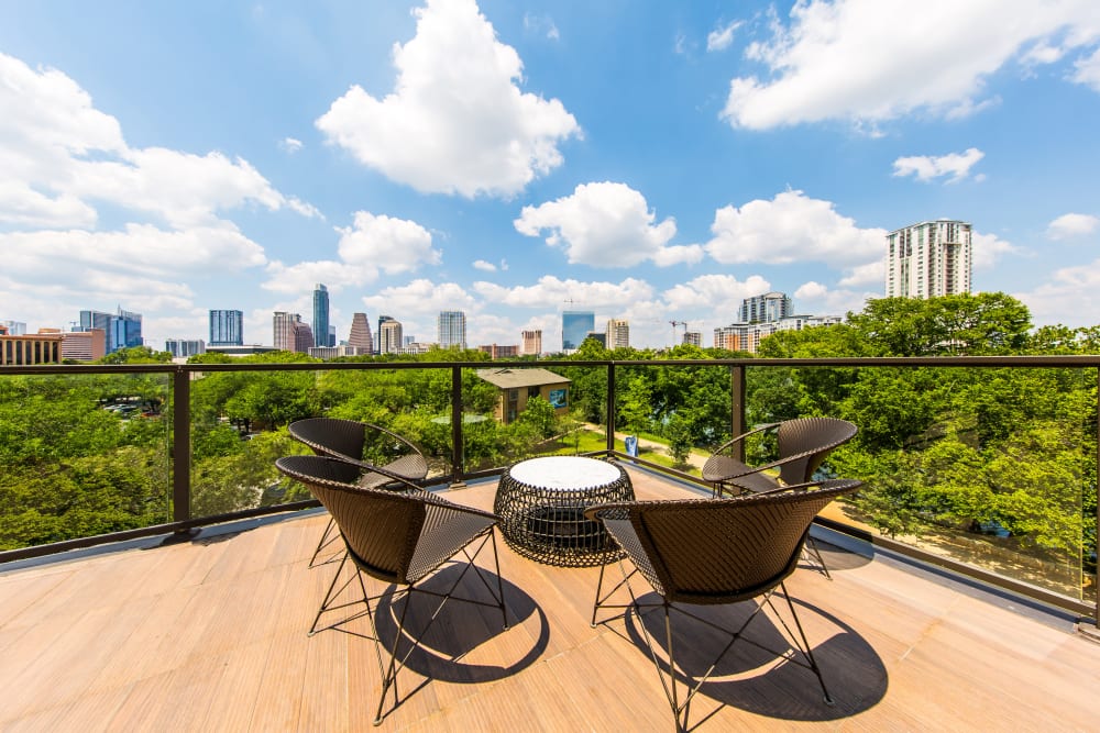 Outdoor patio with a view at Water Marq in Austin, Texas