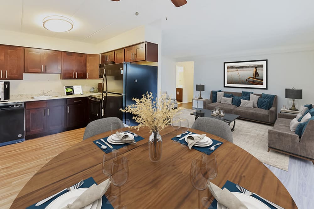 Dining room in a home at William Penn Village Apartment Homes in New Castle, Delaware