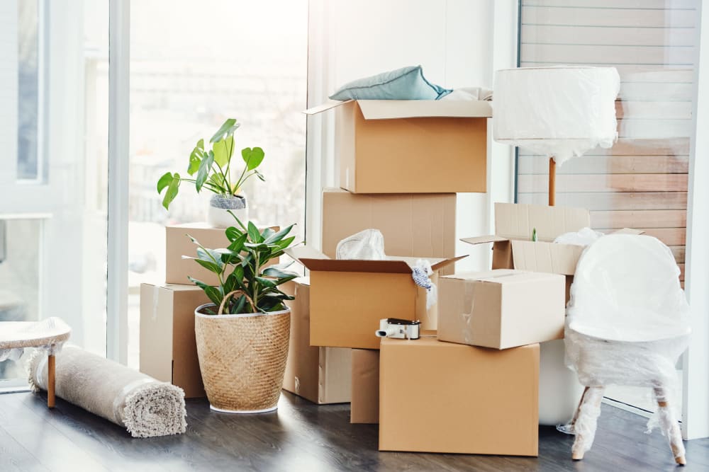 Stack of moving boxes and furniture near A-American Self Storage