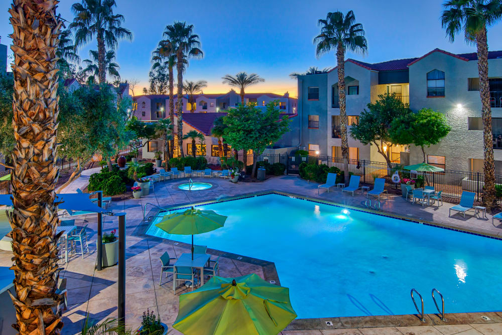 Incredible night shot of the pool on a clear evening at Greenspoint at Paradise Valley in Phoenix, Arizona