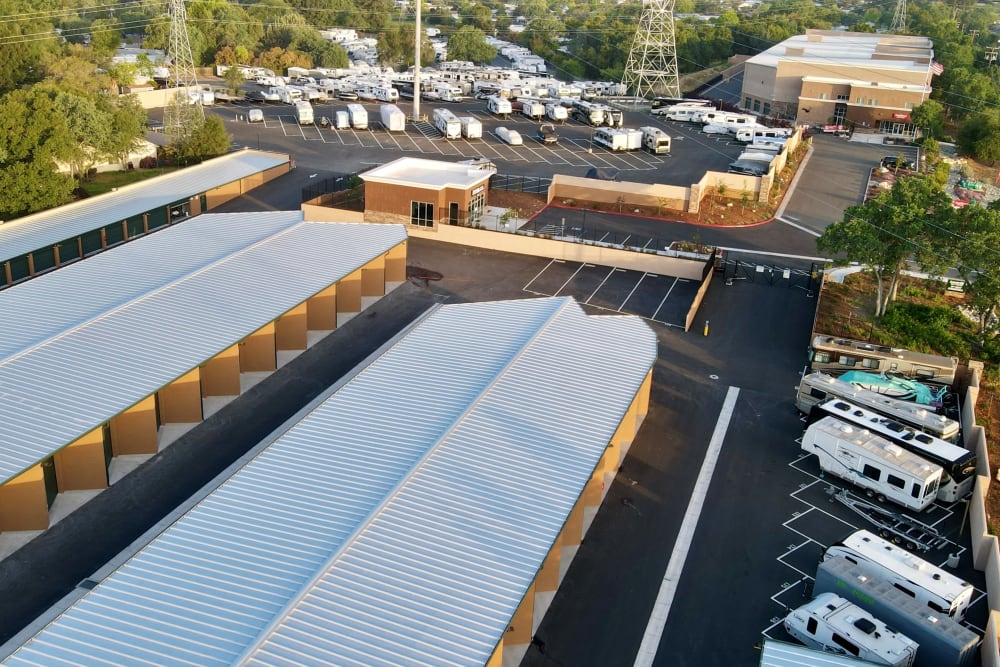 Aerial view of our storage units at Superior Boat, RV & Commercial Self Storage in Folsom, California. 