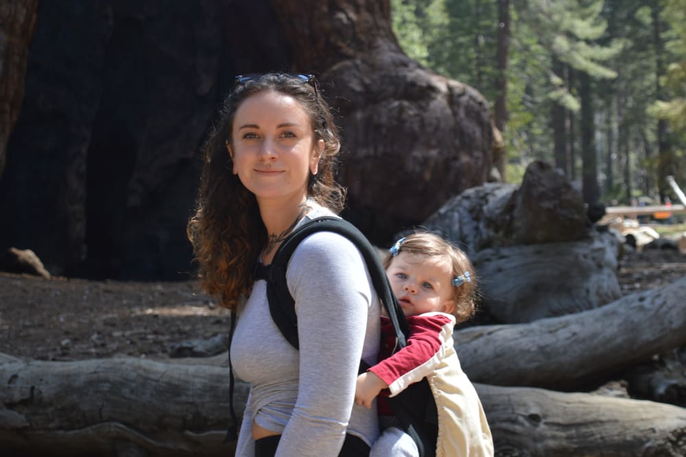 Elisa Graber hiking with her kid.