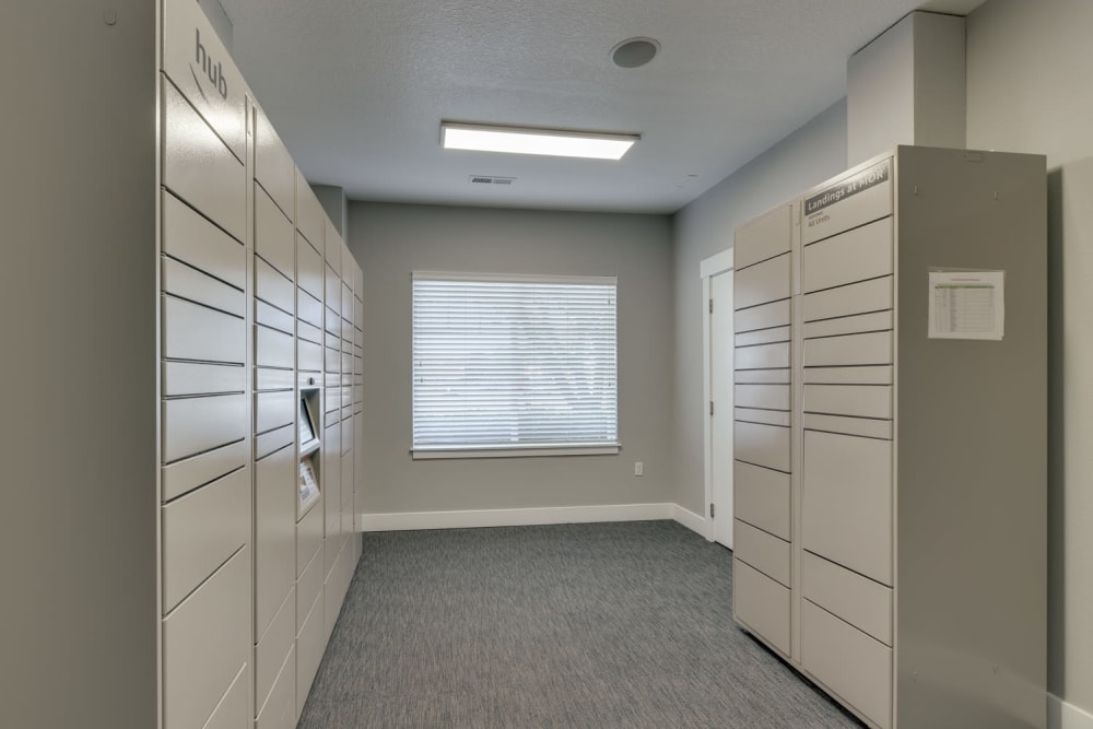 The convenient package room at The Landings at Morrison Apartments in Gresham, Oregon