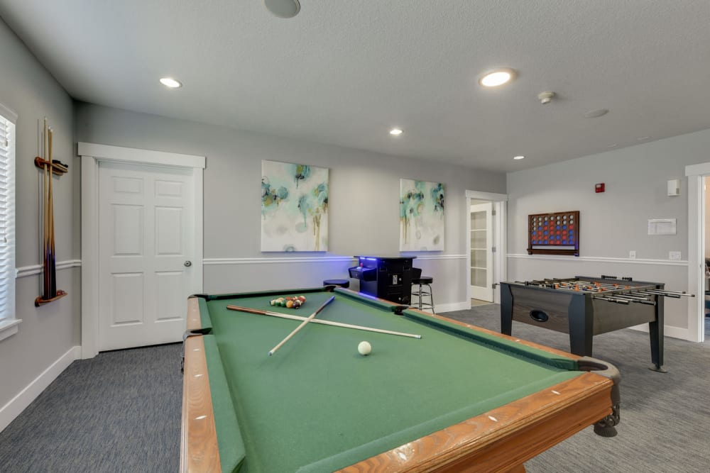 A billiards table in the clubhouse at The Landings at Morrison Apartments in Gresham, Oregon