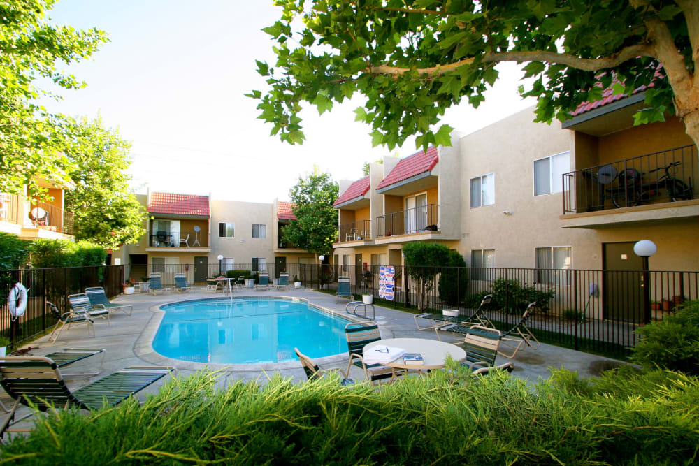 Swimming pool area on a beautiful morning at Parkwood in Lancaster, California