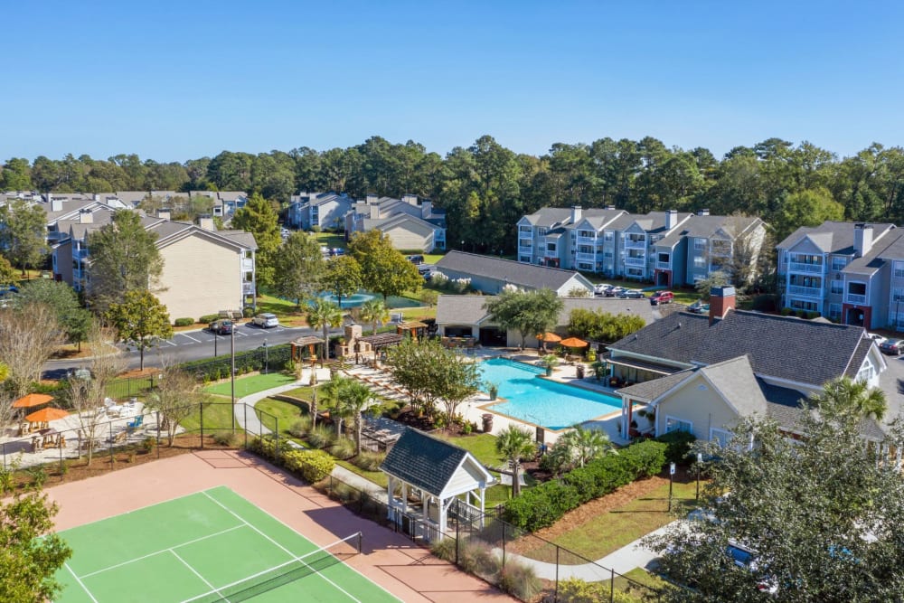 Overhead view of tennis courts and more at Palmetto Pointe in Myrtle Beach, South Carolina