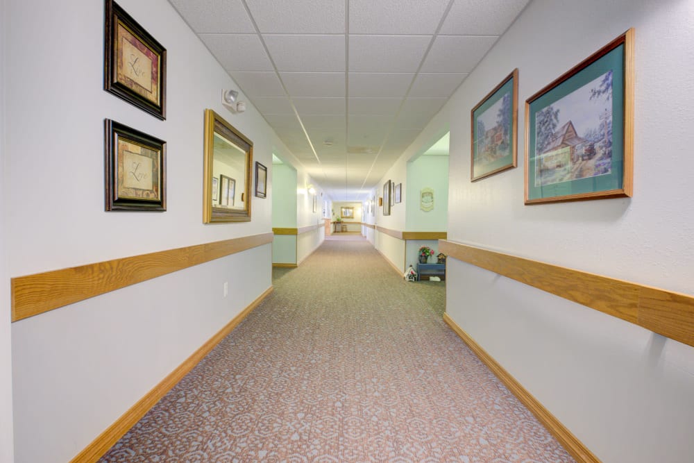 Wide hallway for easy mobility complete with cheerful artwork at Brookstone Estates of Vandalia in Vandalia, Illinois