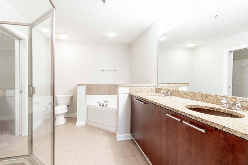 Huge bathroom with large shower and tub at 17th Street Lofts in Atlanta, Georgia