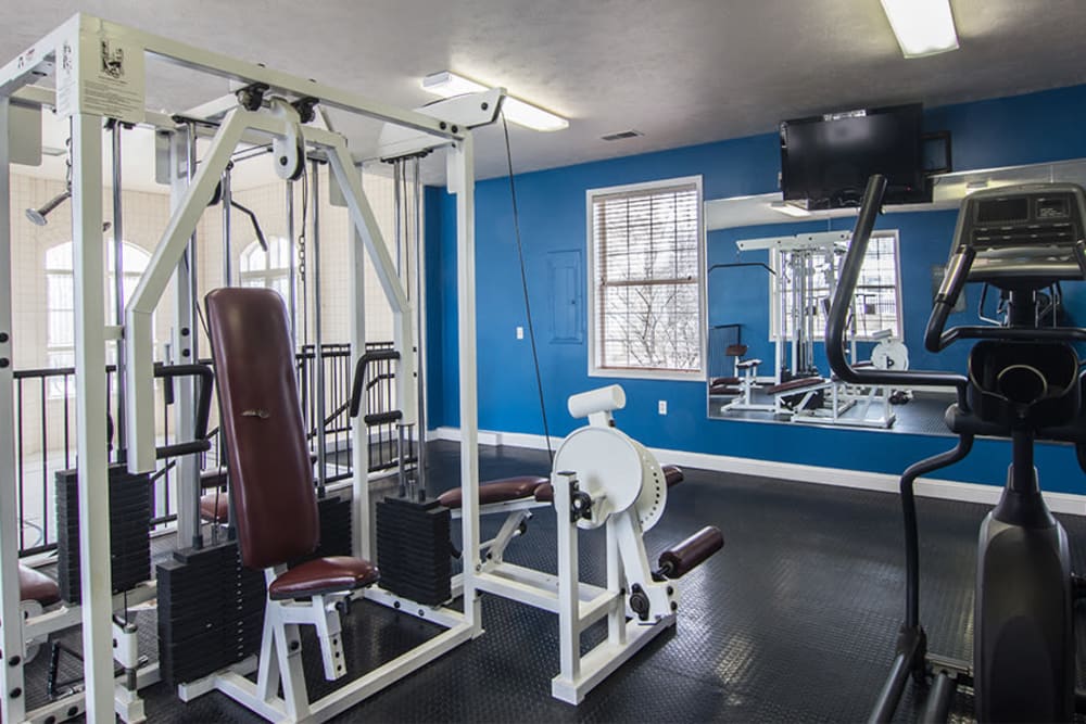 Fully-equipped fitness center at Avalon at Northbrook Apartments & Townhomes in Fort Wayne, Indiana