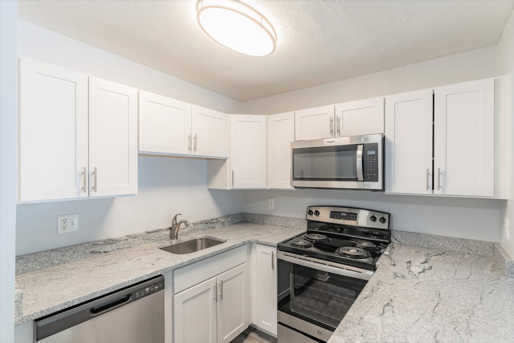 entry to kitchen and living room in apartment at Park Village West in Westborough, Massachusetts