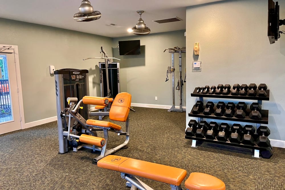 Fitness center at The Abbey at Grant Road in Houston, Texas