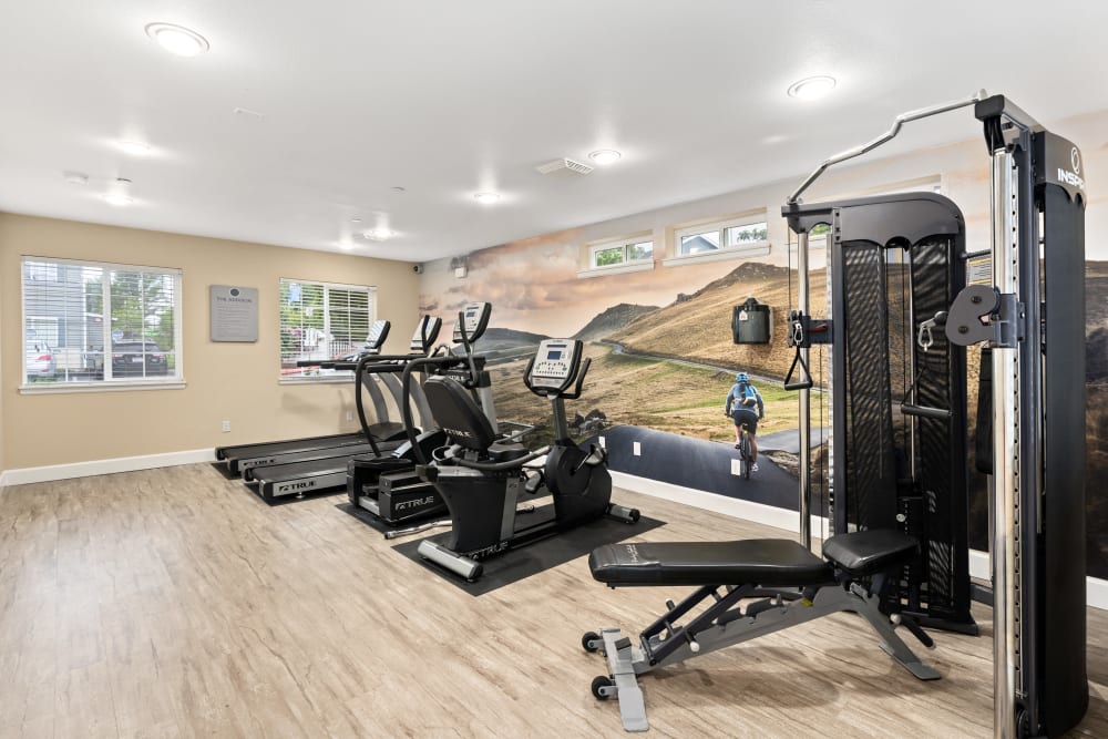 Fitness center with plenty of individual workout stations at The Addison Apartments in Vancouver, Washington