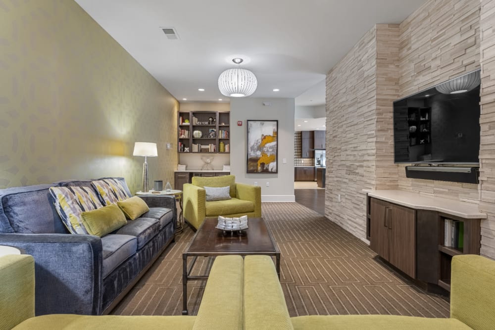 Semi private sitting area with couch, cushioned chairs, and television entertainment area at Marq at Crabtree in Raleigh, North Carolina