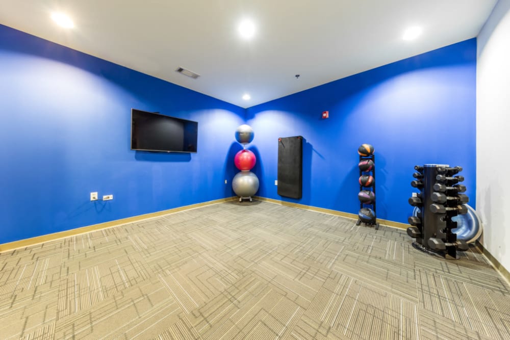 Free weights rack, medicine ball stand, exercise mats, and wall mounted monitor at Marq Eight in Atlanta, Georgia