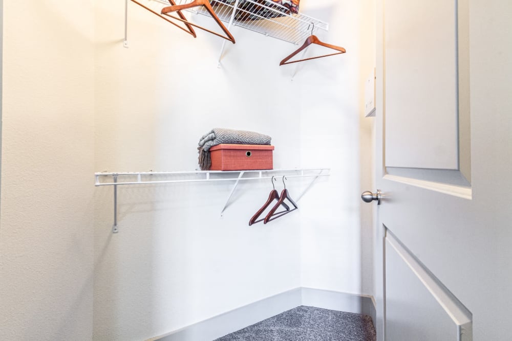 Walk in closet with built in wired shelves at The Marq on Voss in Houston, Texas