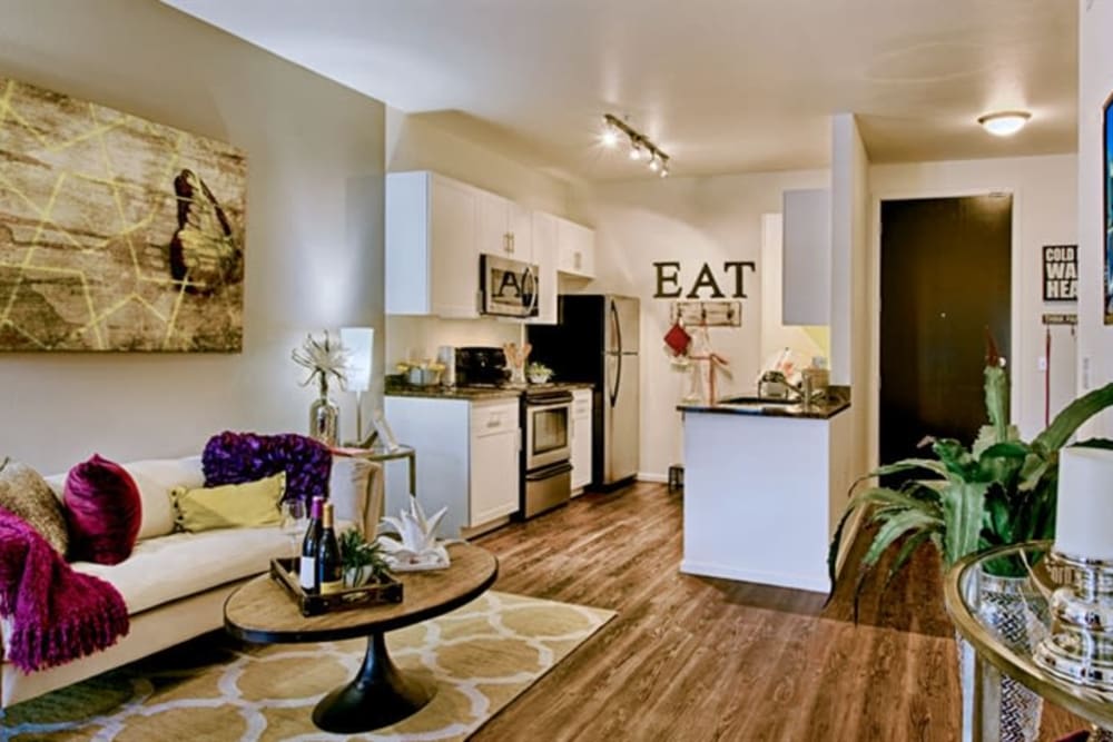 Modern decor in living area of model home at Cactus Forty-2 in Phoenix, Arizona