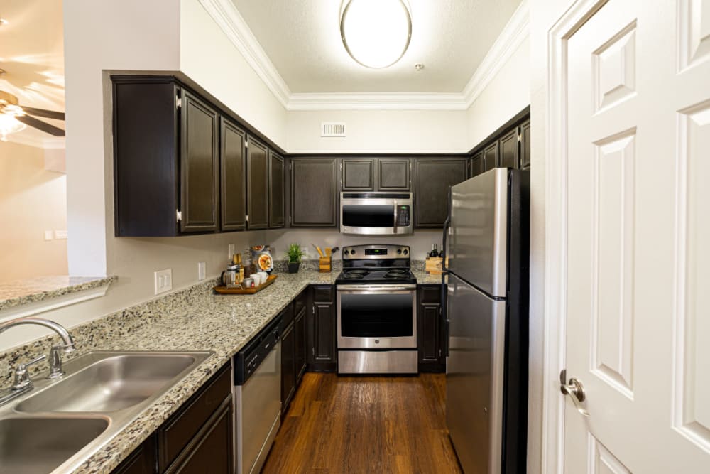 Bright and modern kitchen with stainless steel appliances and granite countertops at Marquis at Great Hills in Austin, Texas