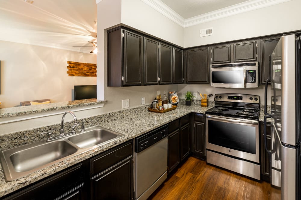 Modern kitchen with stainless steel appliances and granite countertops at Marquis at Great Hills in Austin, Texas