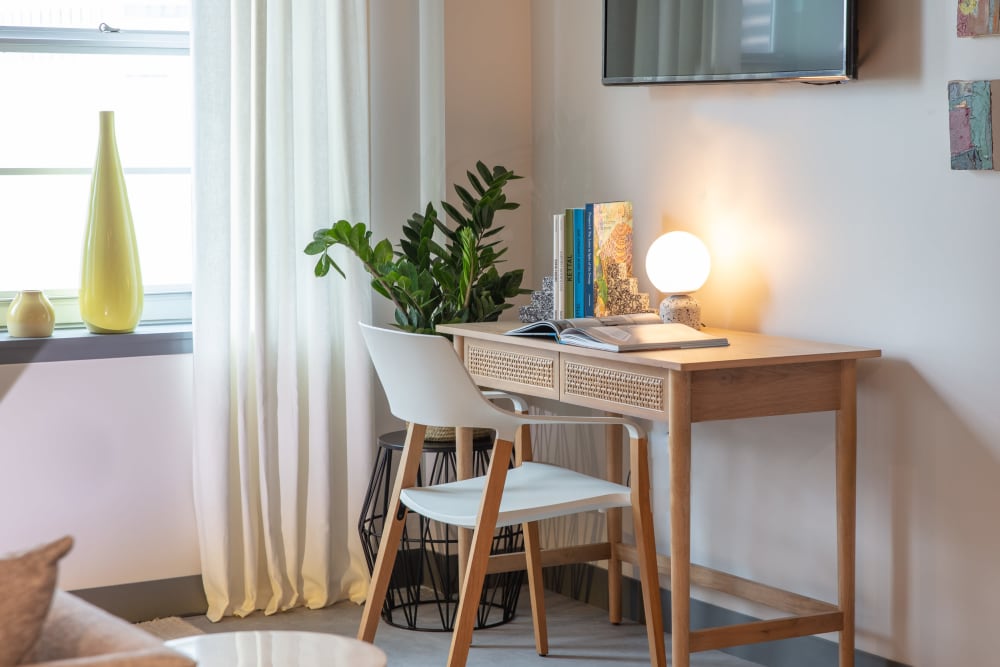 Study nook in a model home's bedroom at Thirteen15 in New Orleans, Louisiana