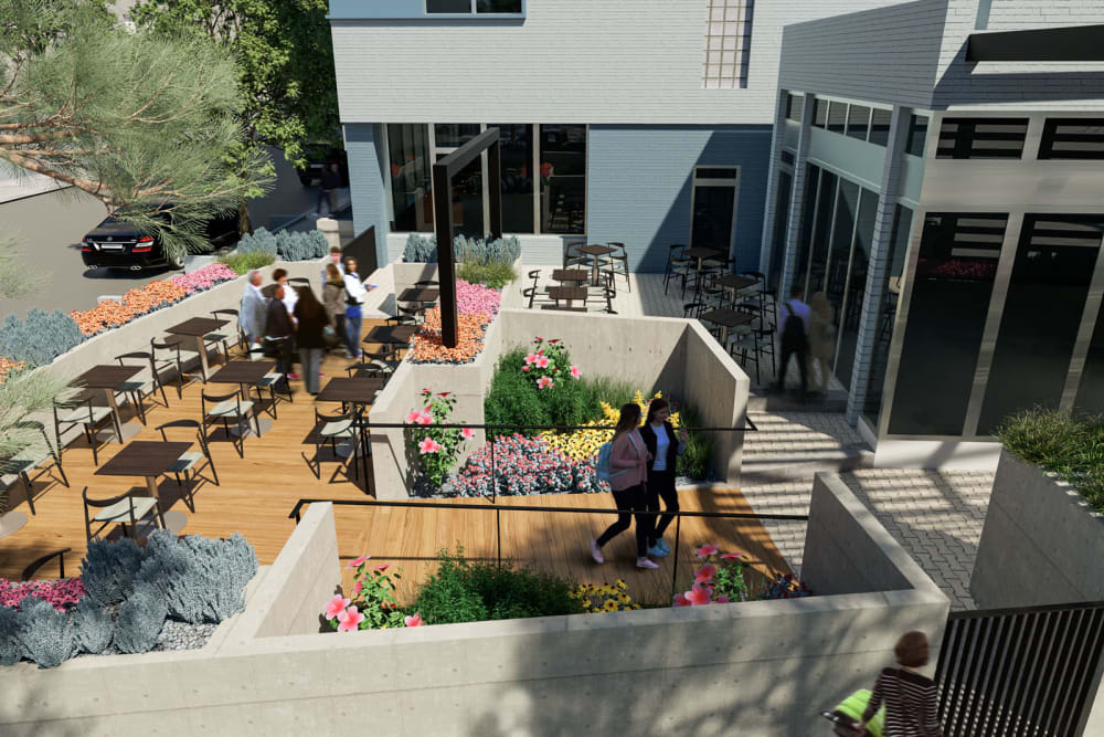 Exterior common area with great places to gather with friends and neighbors at Thirteen15 in New Orleans, Louisiana