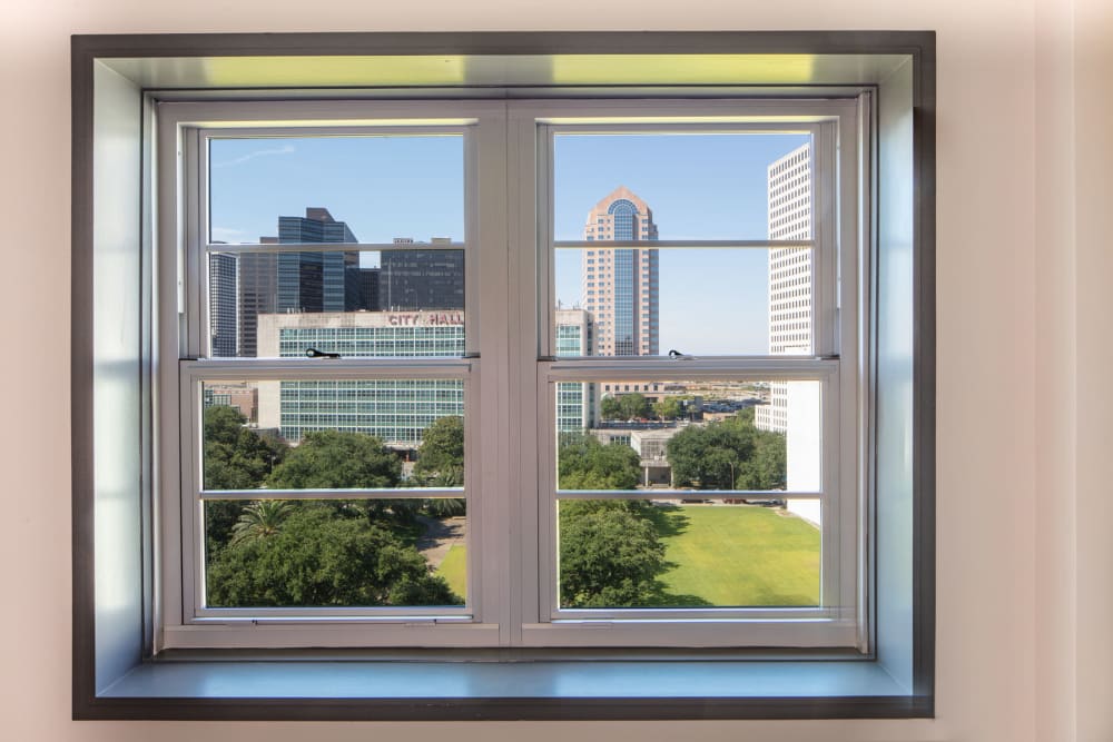 Perfectly framed downtown view from an apartment window at Thirteen15 in New Orleans, Louisiana