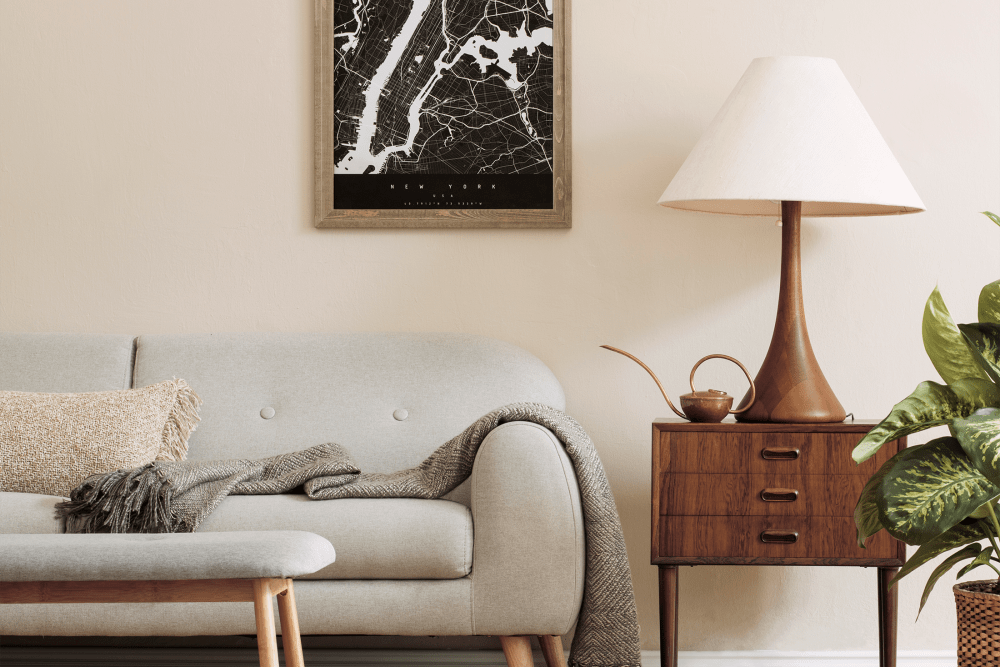 Living room featuring a comfortable couch at The Residences at Sawmill Station in Morton Grove, Illinois