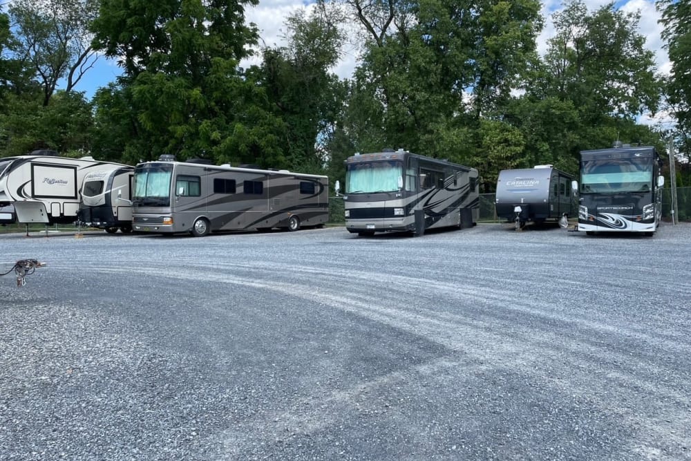 Multiple RVs stored at Storage World in Sinking Spring, Pennsylvania.