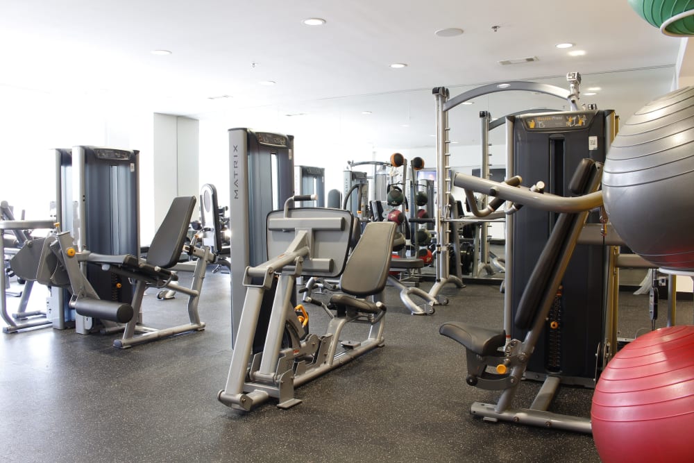 Large fitness area for residents to workout in at Macallan at Ross in Dallas, Texas