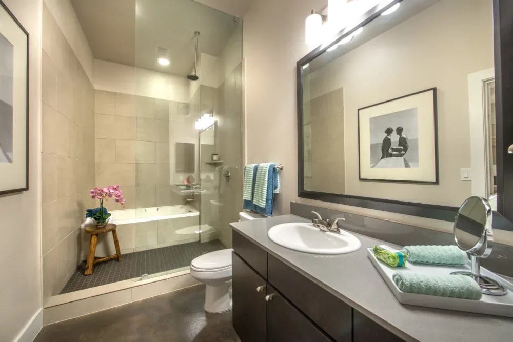 Spacious bathroom with tons of counter space at Macallan at Ross in Dallas, Texas