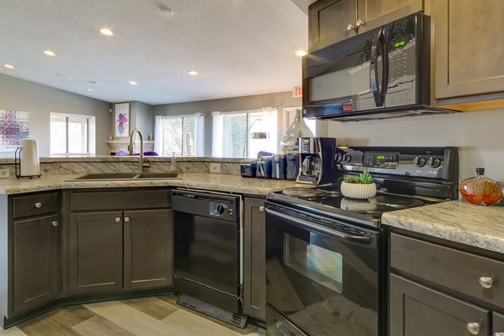 Full-equipped clubhouse kitchen at Pavilion Court Apartment Homes in Novi, Michigan
