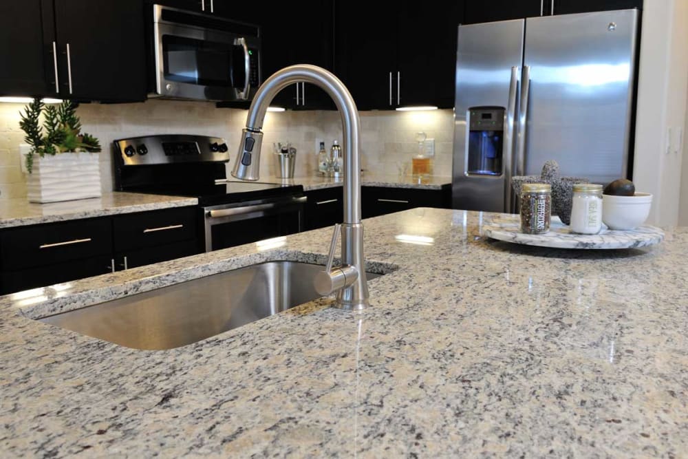 Granite countertop with stainless steel sink at Olympus Falcon Landing in Katy, Texas