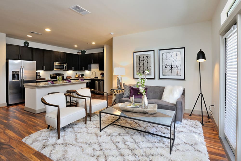 Well decorated model living room at Olympus Falcon Landing in Katy, Texas