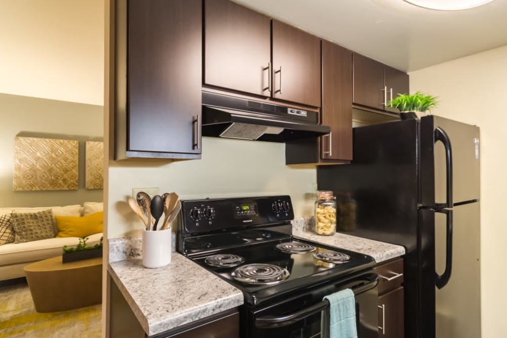 Modern kitchen with wood cabinets at Governours Square in Columbus, Ohio