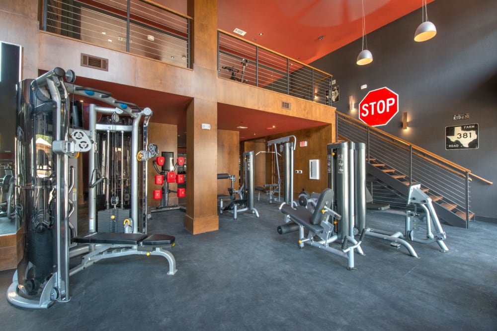 Full sized fitness center to workout in at Mercantile River District in Fort Worth, Texas