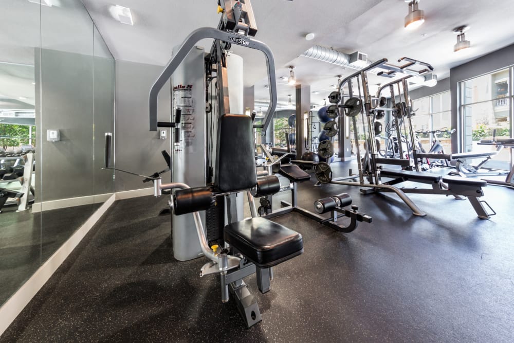 Fully equipped fitness center at The Marquis of State Thomas in Dallas, Texas