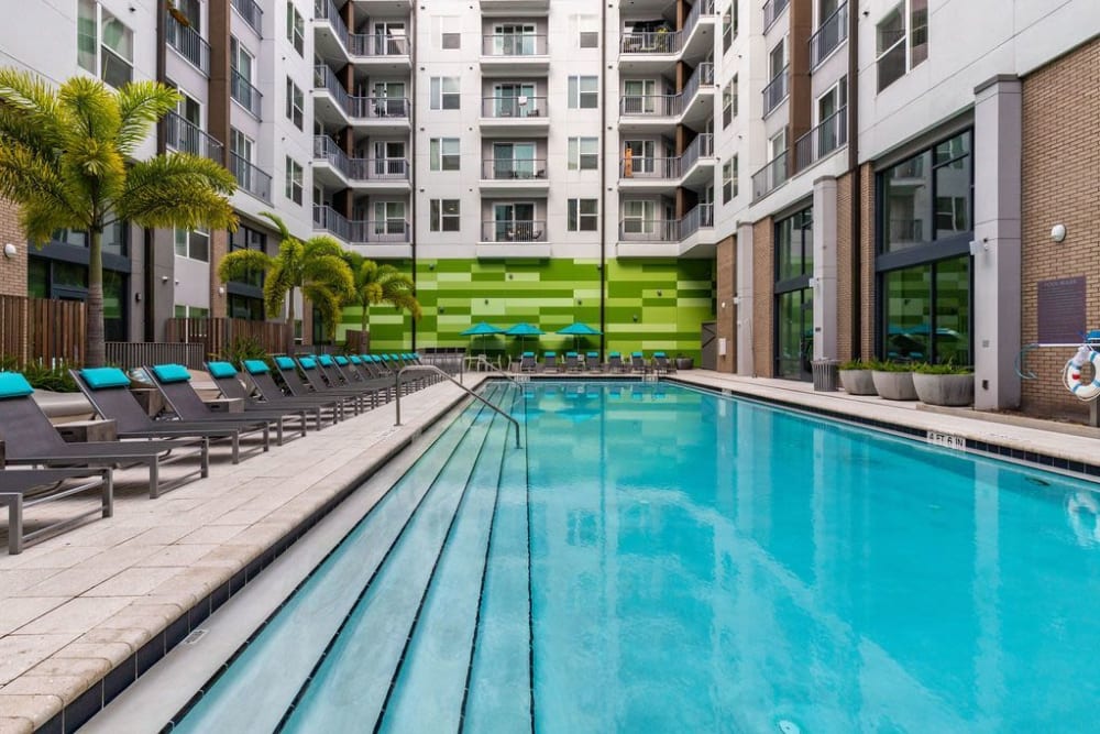 Gorgeous swimming pool surrounded by lounge chairs at Central Station on Orange in Orlando, Florida