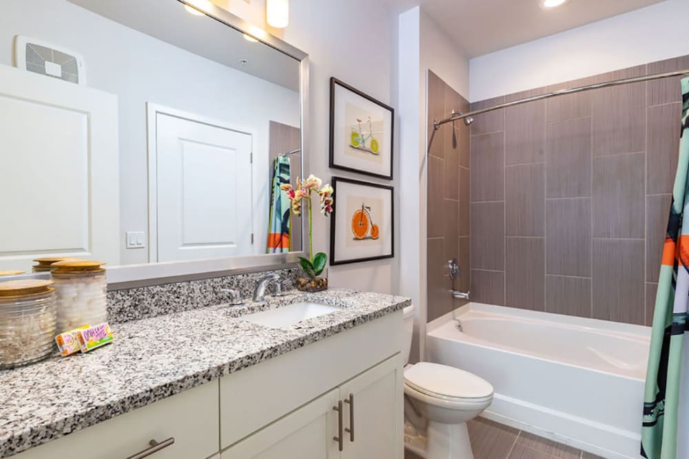 Cute bathroom with a huge mirror and bathtub at Central Station on Orange in Orlando, Florida