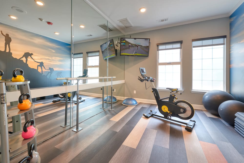 A quiet room for yoga and pilates at Legend Oaks Apartments in Aurora, Colorado