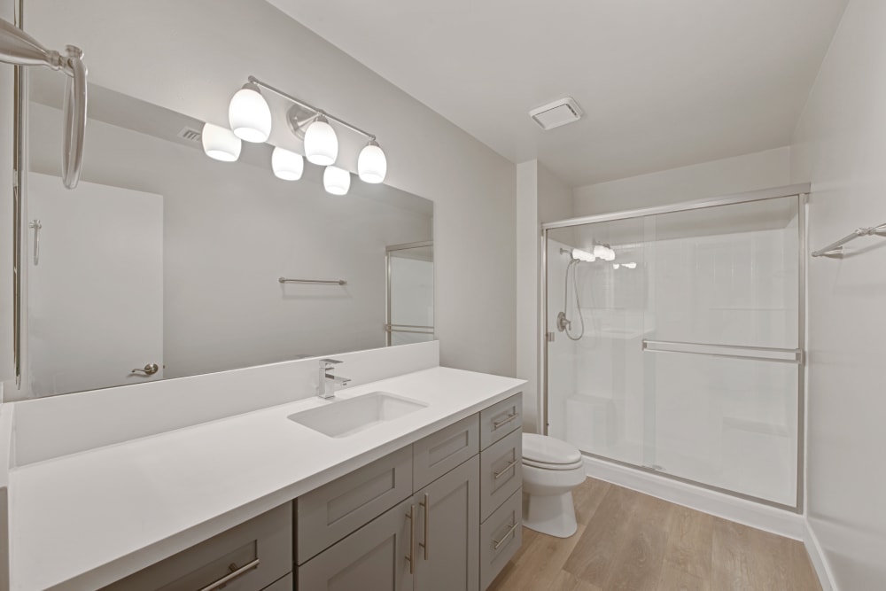 Bright modern bathroom with wood-style floors and a shower enclosure at Sofi Ventura in Ventura, California